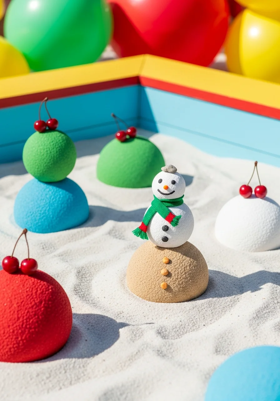 A snowman made of sand in a sunny backyard.