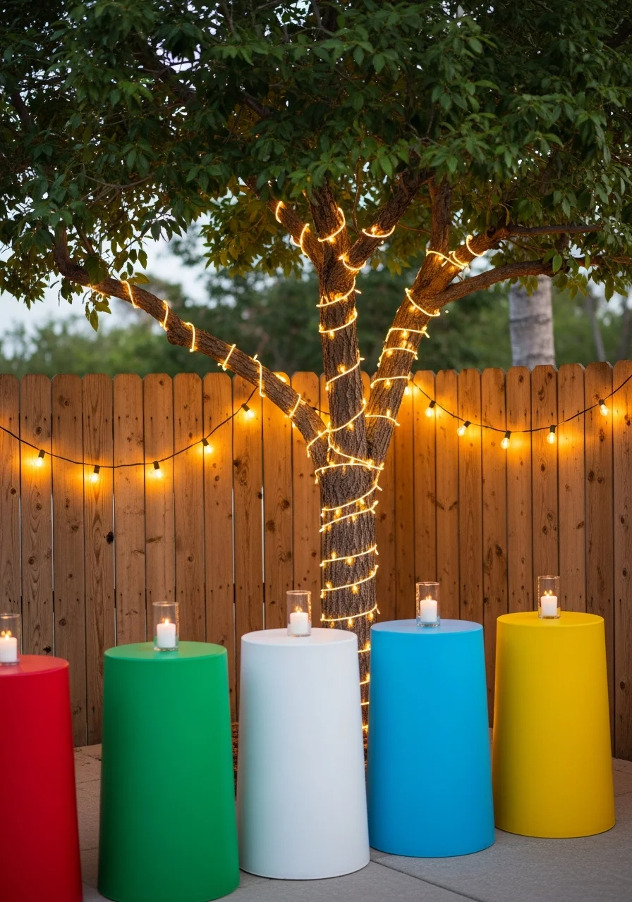 Backyard fence and tree decorated with warm fairy lights.