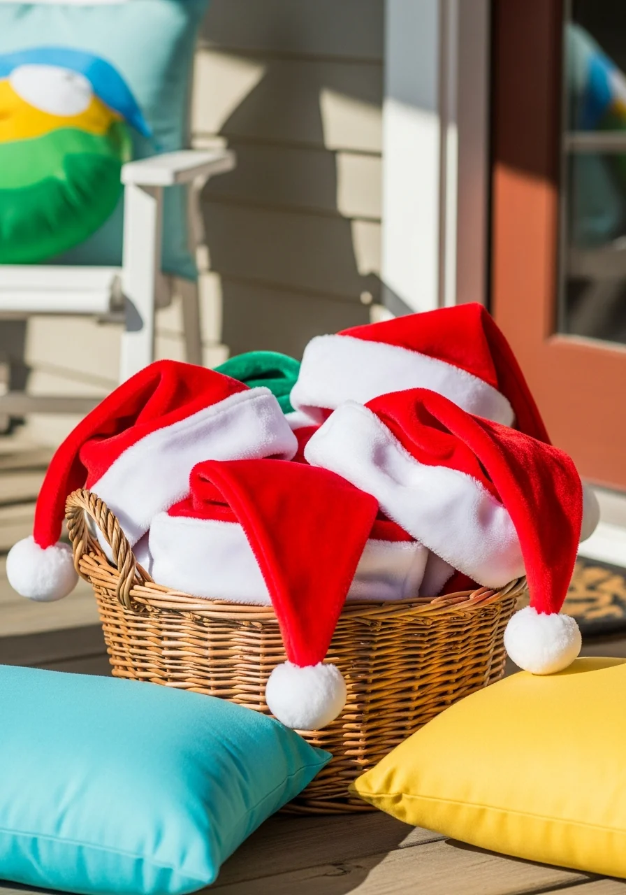 A basket of Santa hats on a wooden porch.