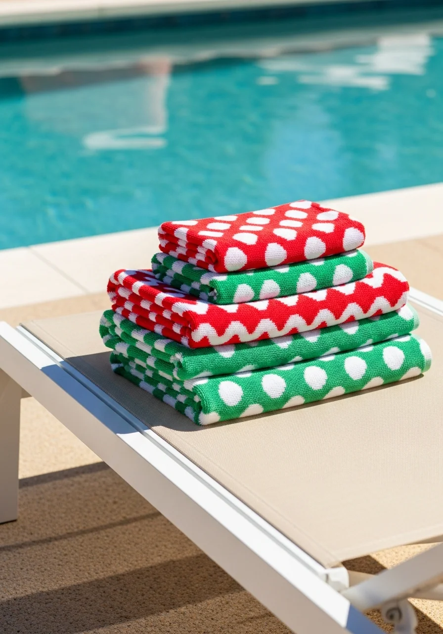 Festive patterned towels stacked on a pool chair.