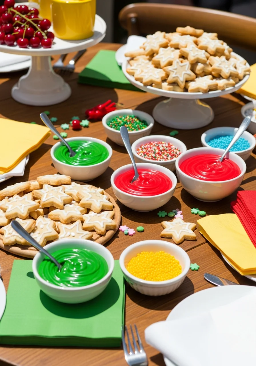 Star-shaped cookies and colorful icing on a table.