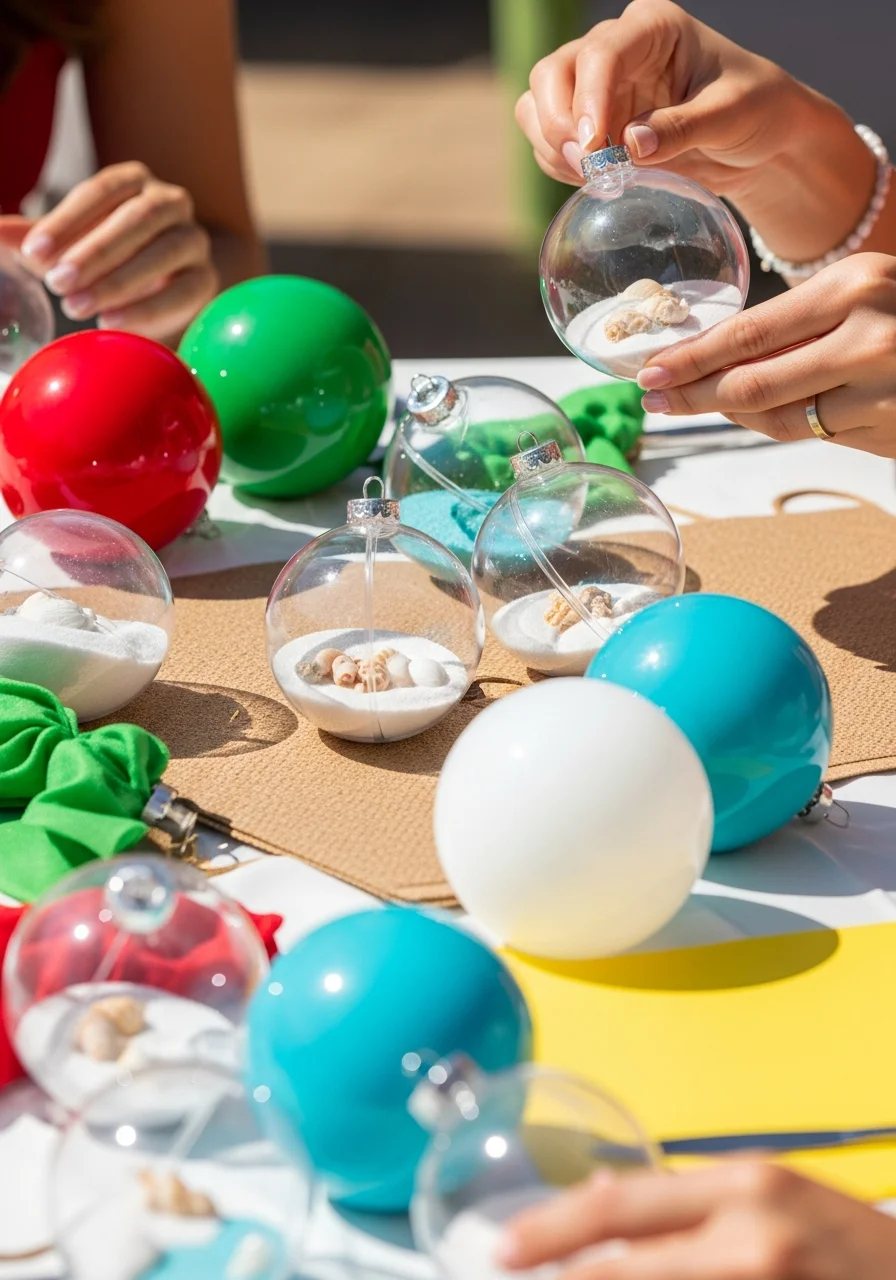 Clear ornaments filled with sand and shells.