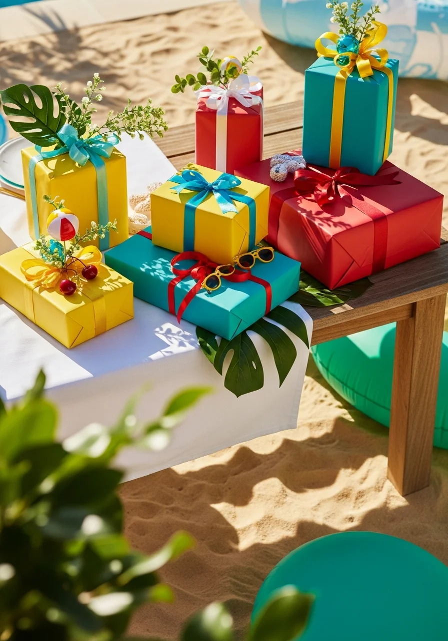 Brightly wrapped gifts on an outdoor table.