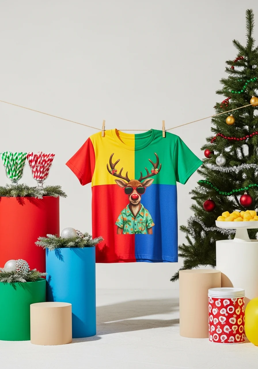 A Christmas T-shirt with a reindeer in sunglasses.
