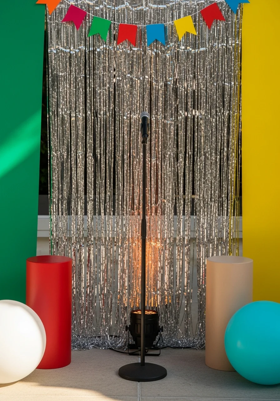 Microphone and tinsel backdrop for karaoke.
