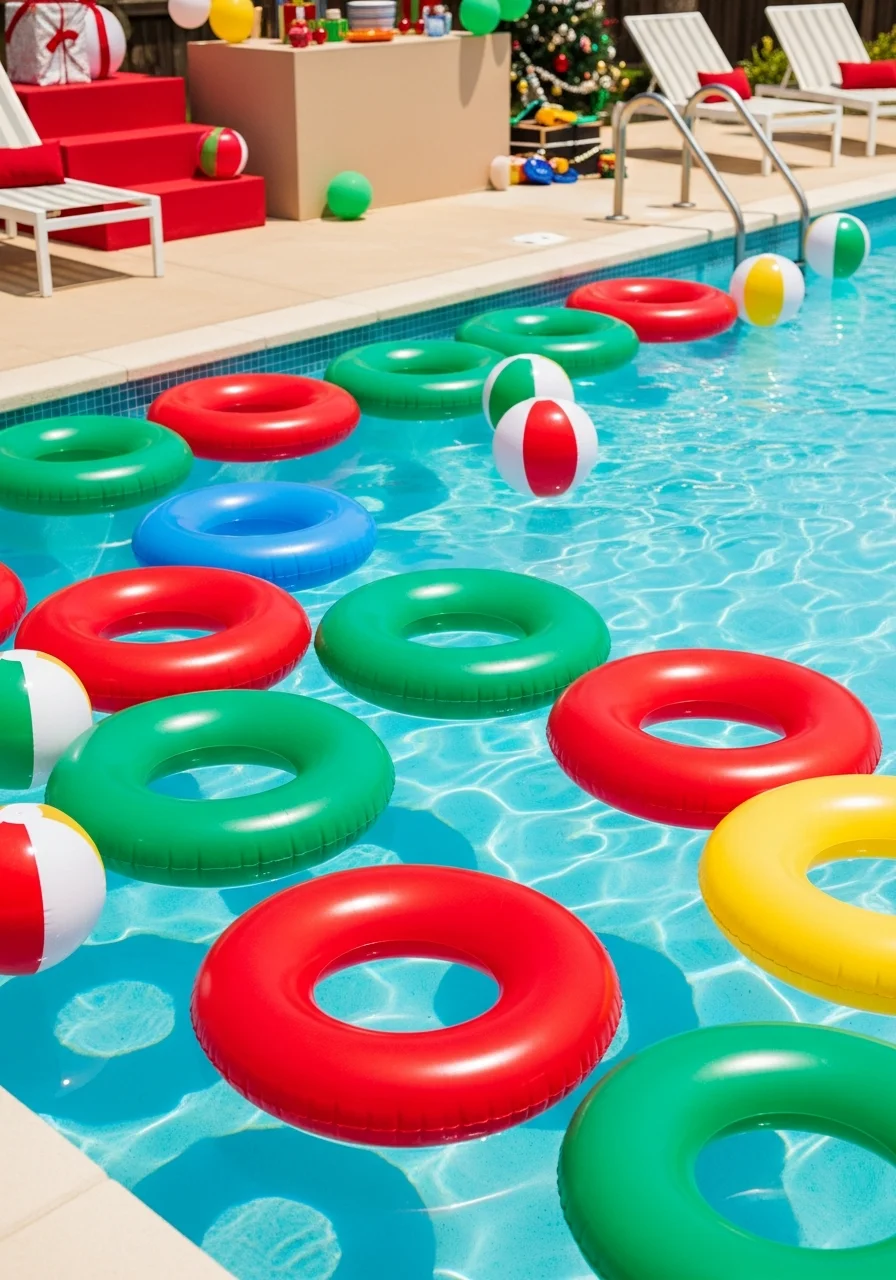Swimming pool with red and green inflatable floats.