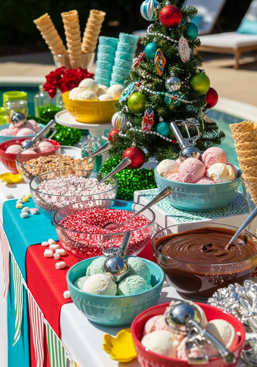 Ice cream topping station with peppermint and sprinkles.