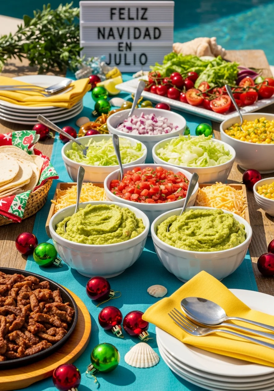 Taco bar with guacamole and red salsa.