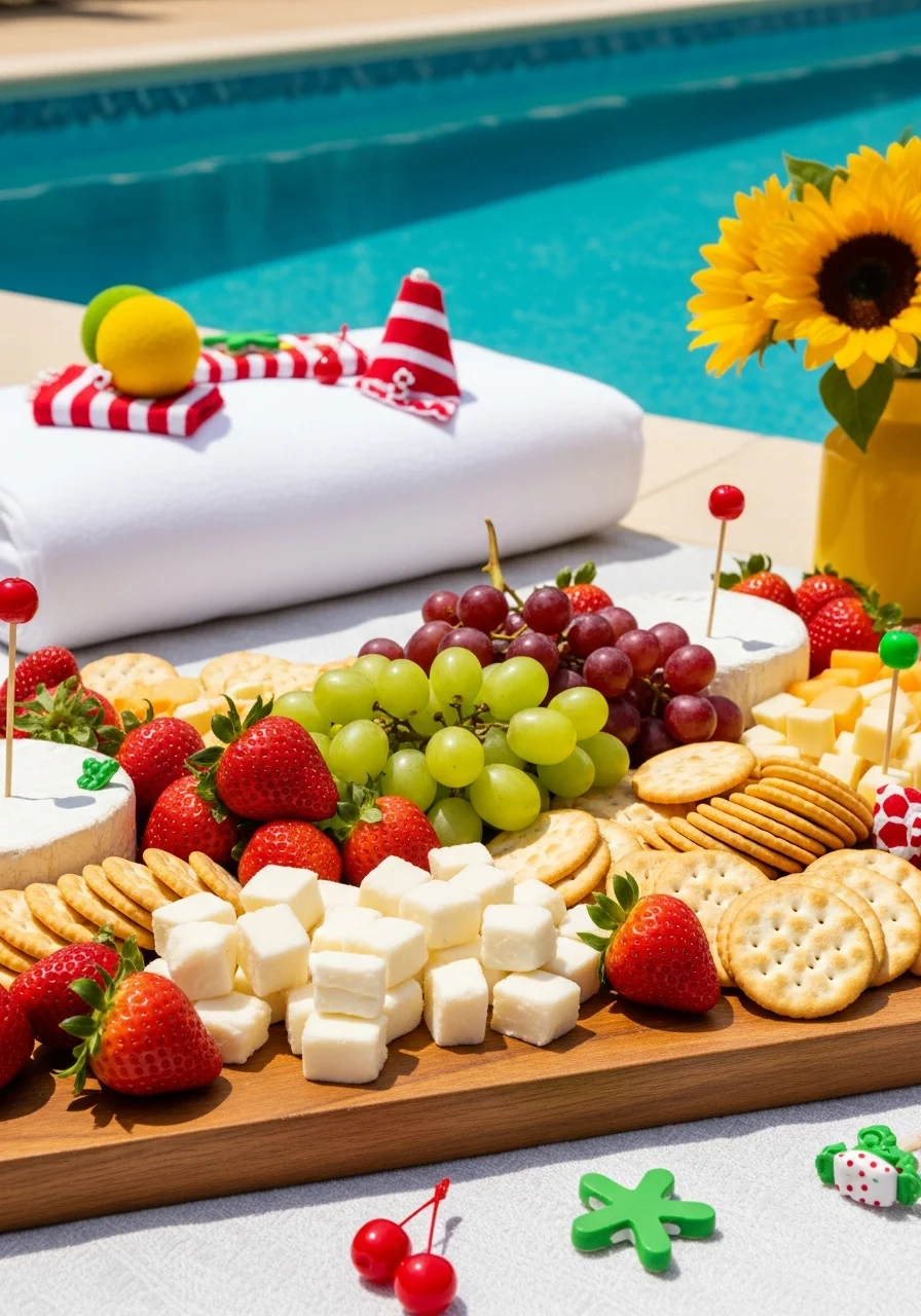 Fruit and cheese board with red and green items.