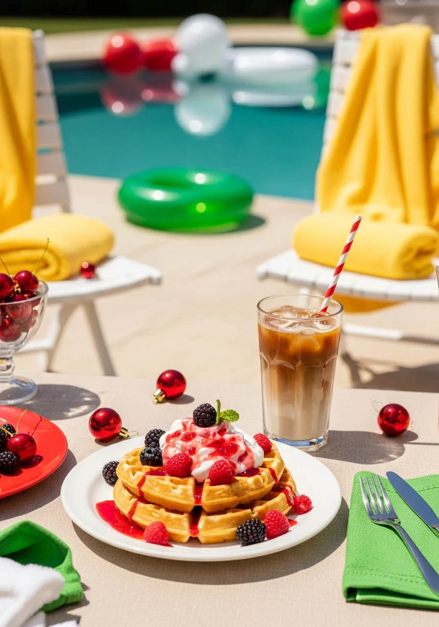 Waffles with berries and iced coffee on a festive table.