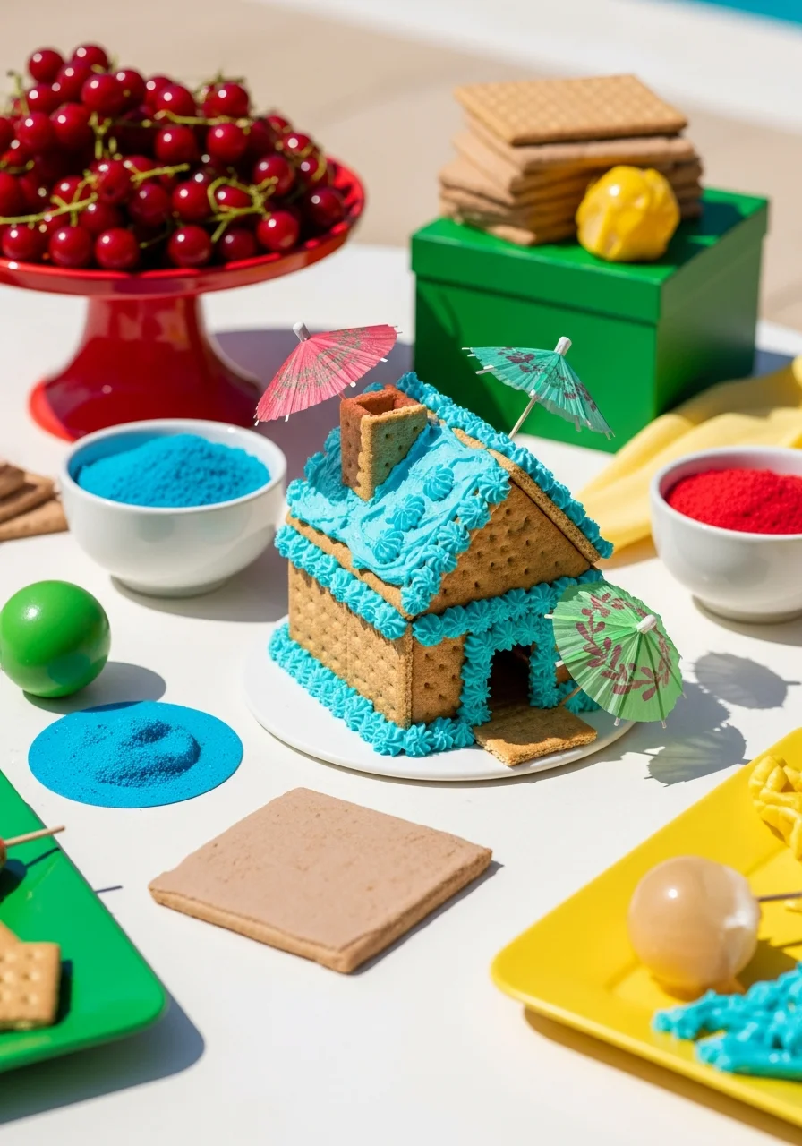 Gingerbread house with blue frosting and sand-colored crumbs.
