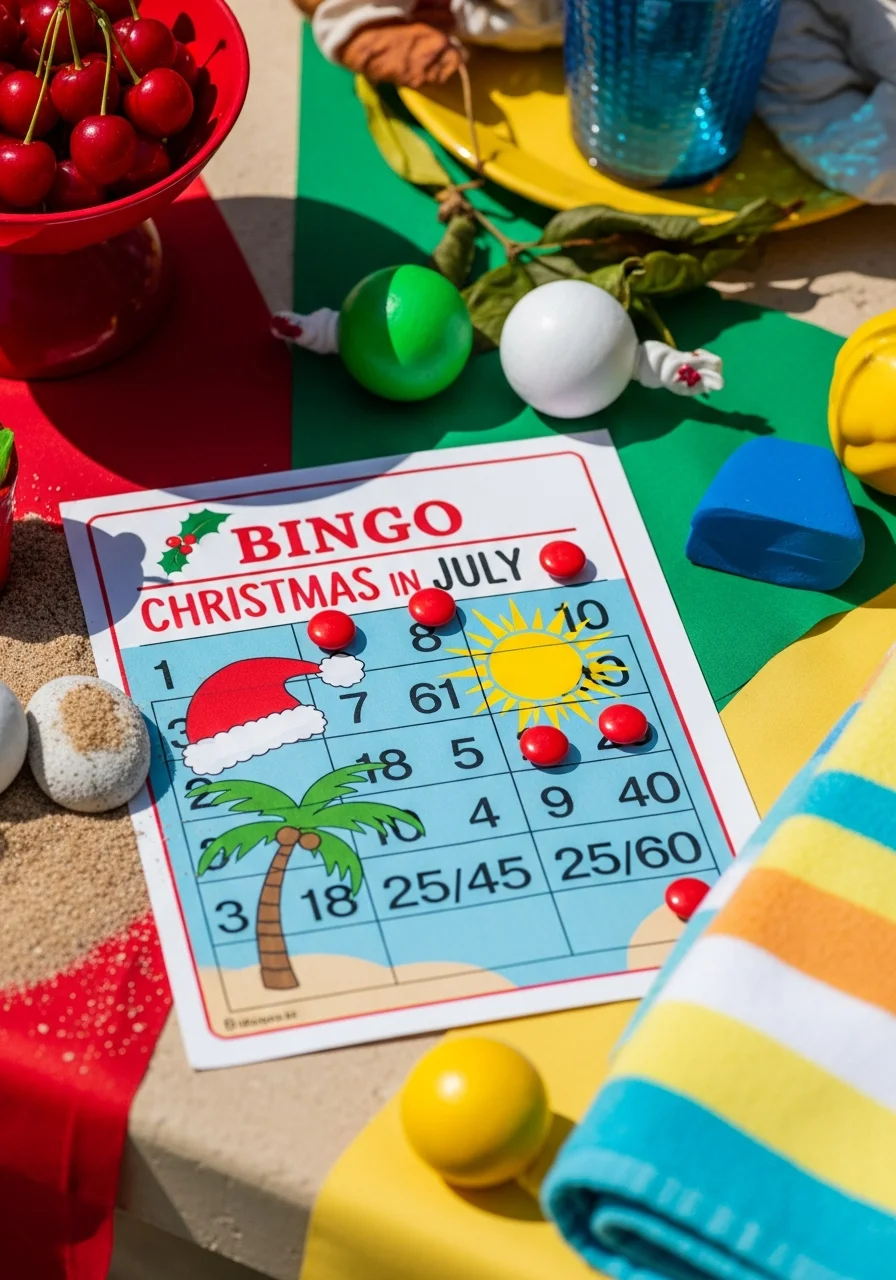 Christmas bingo card with candy markers.