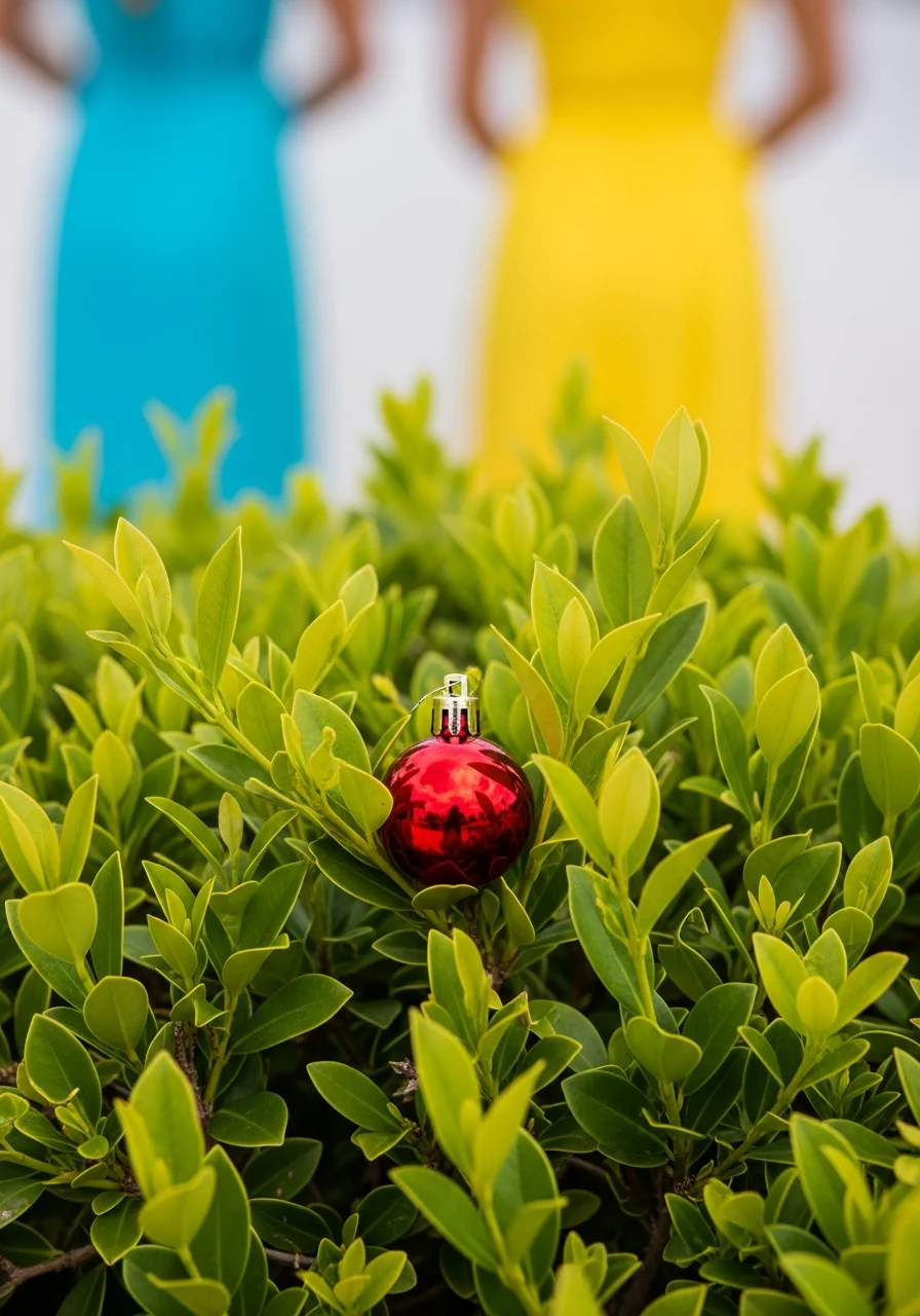 A red ornament hidden in garden leaves.
