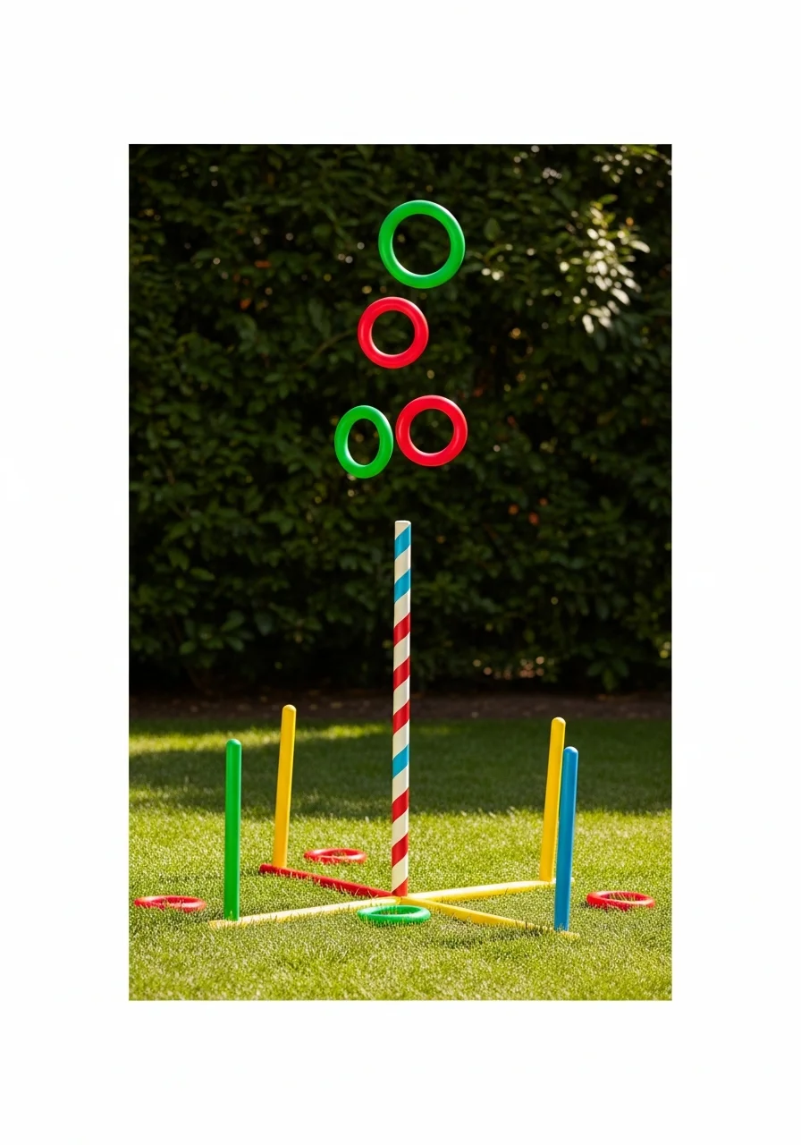Ring toss game with red and green rings.
