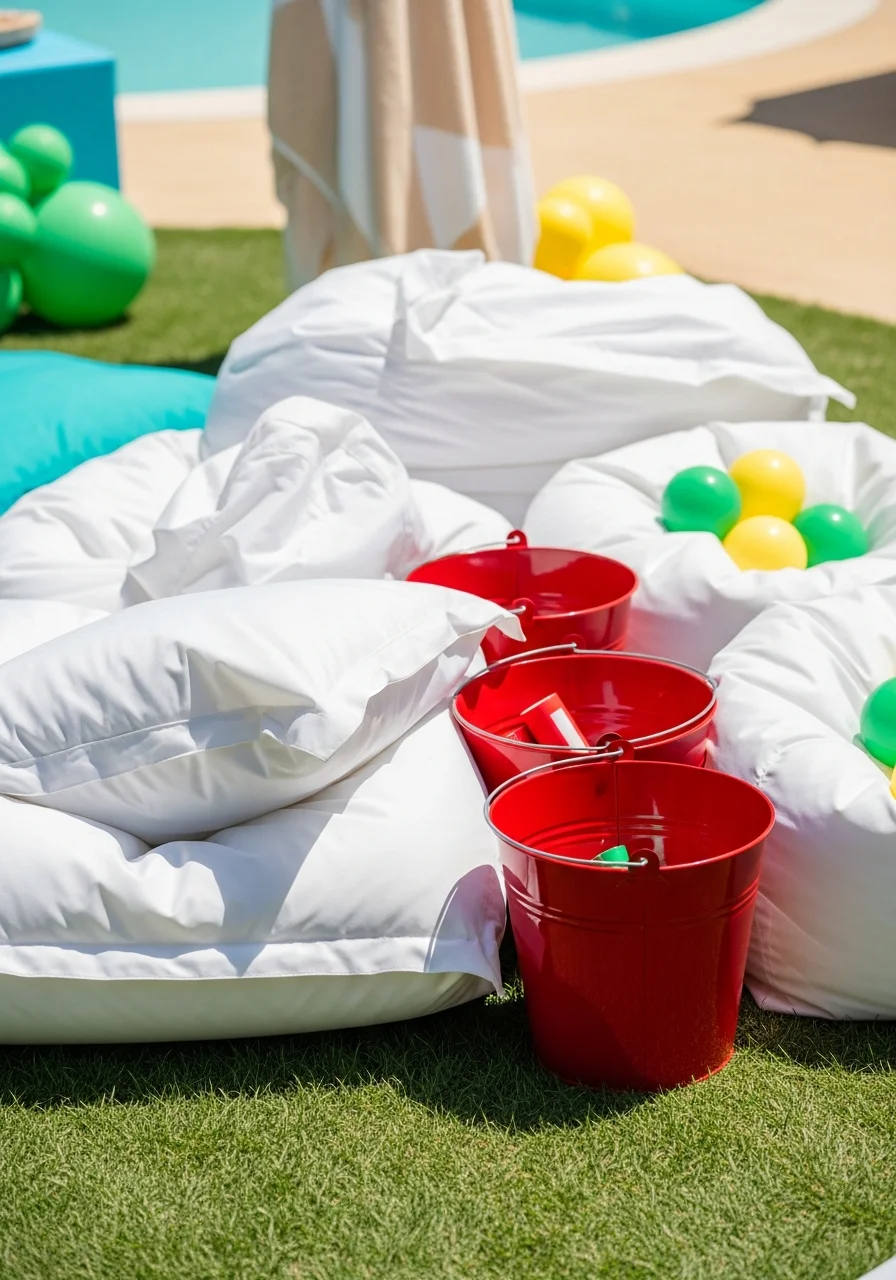 White beanbags and red buckets for a toss game.