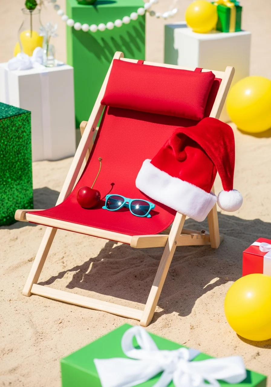 Beach chair with a Santa hat and sunglasses in the sun.