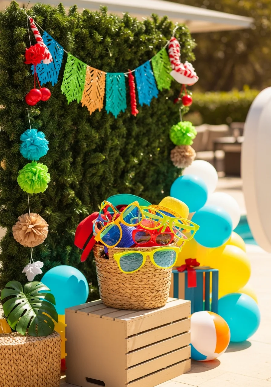 Photo booth with garland and summer props.