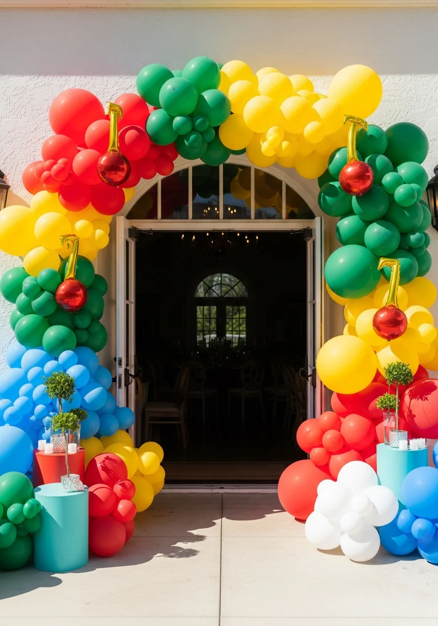 Balloon garland with red, green, and yellow balloons.