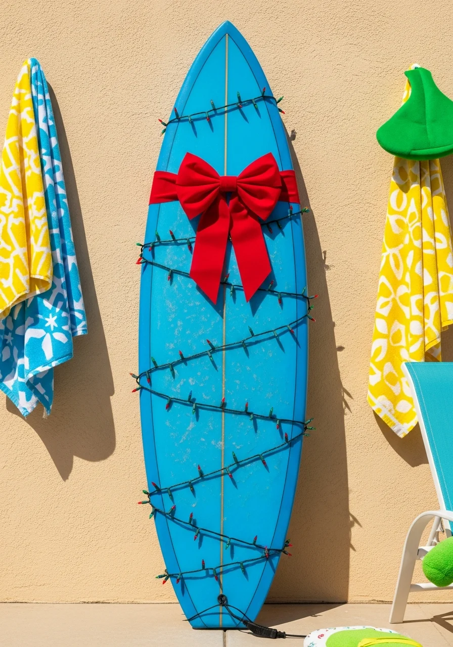 Surfboard decorated with lights and a red bow.
