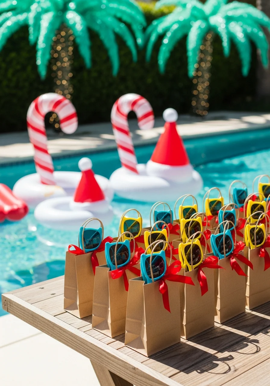 Party favor bags with sunglasses and ribbons.