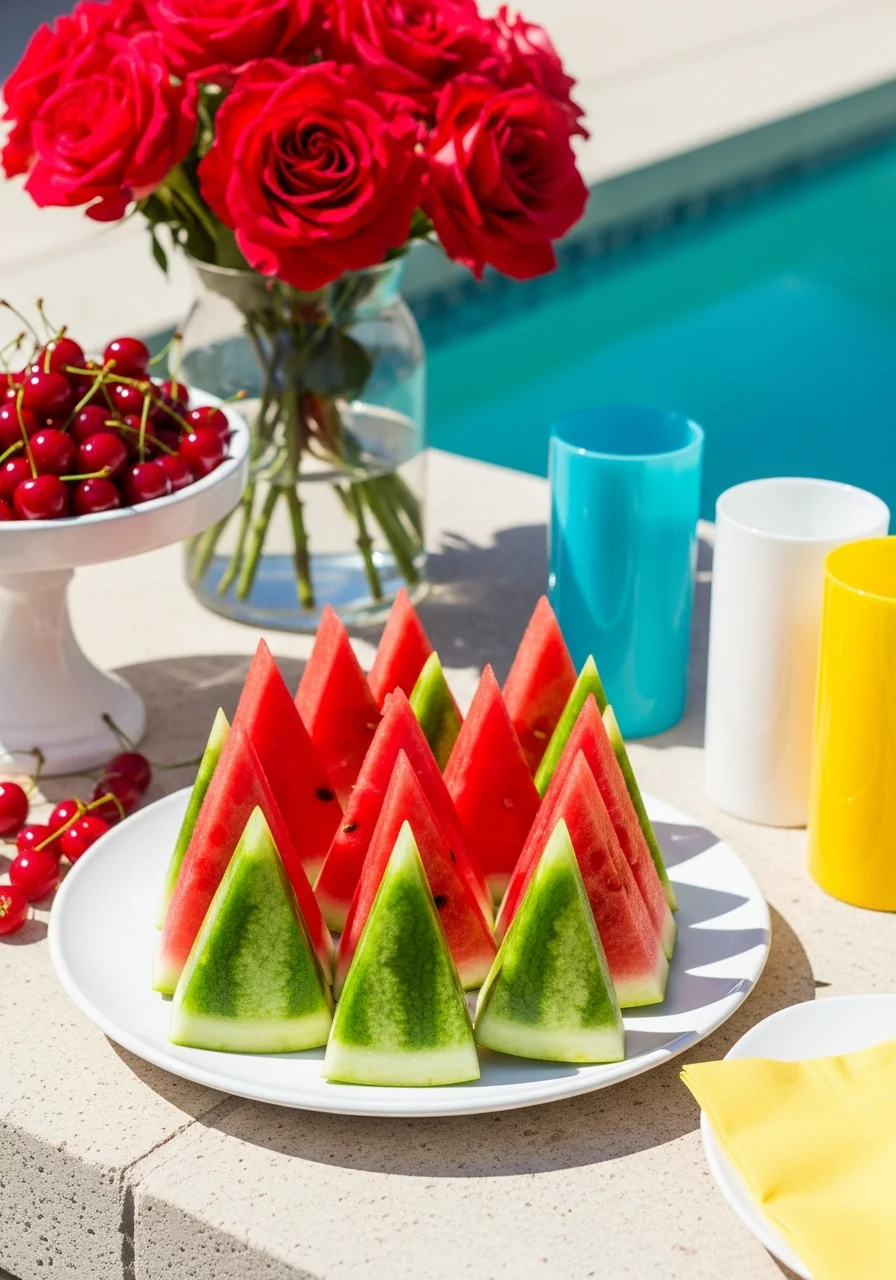Watermelon slices cut into tree shapes.