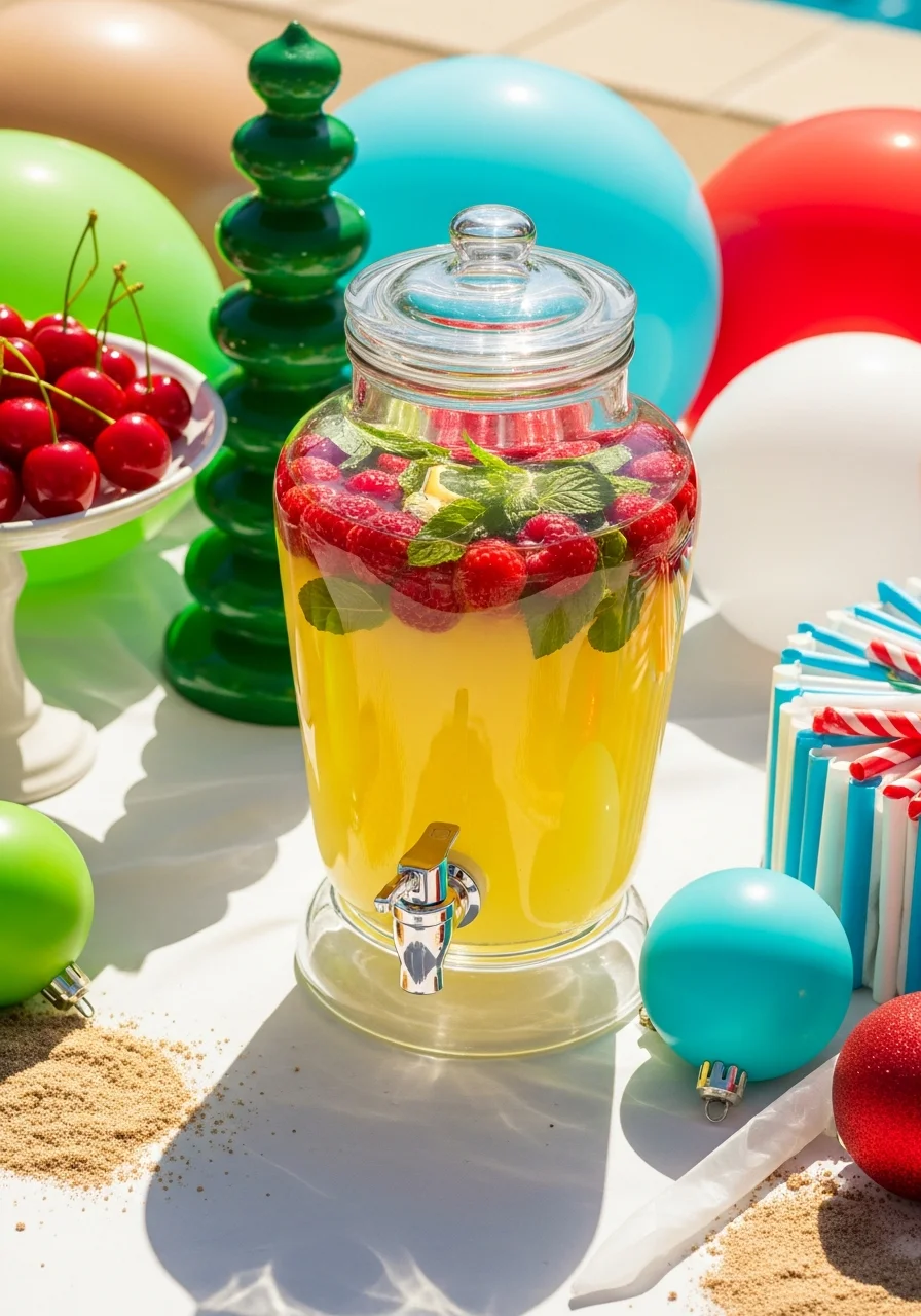 Lemonade dispenser with raspberries and mint.
