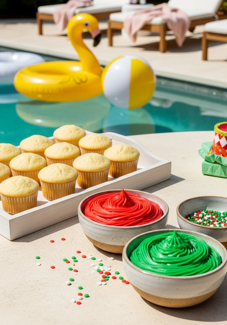 Cupcakes and bowls of colorful frosting.