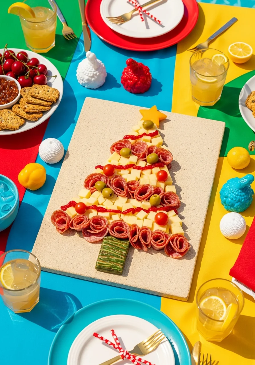 Charcuterie board shaped like a Christmas tree.