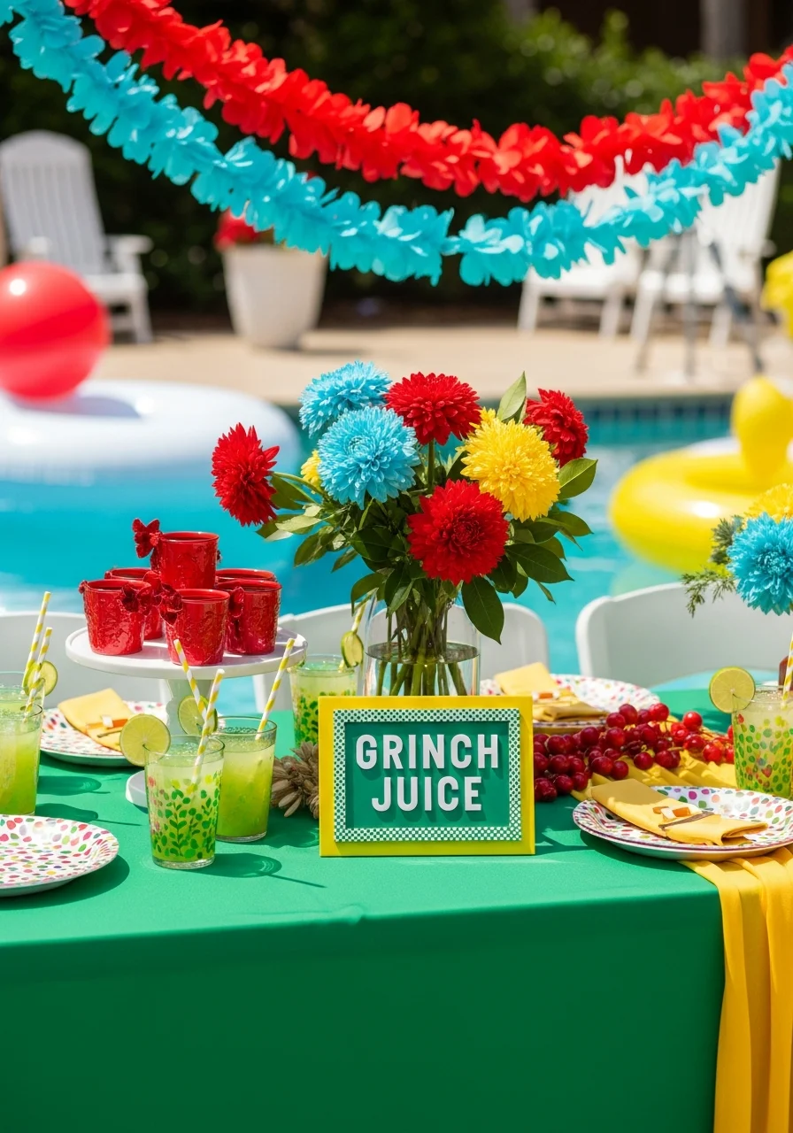 Green-themed party table with lime drinks.