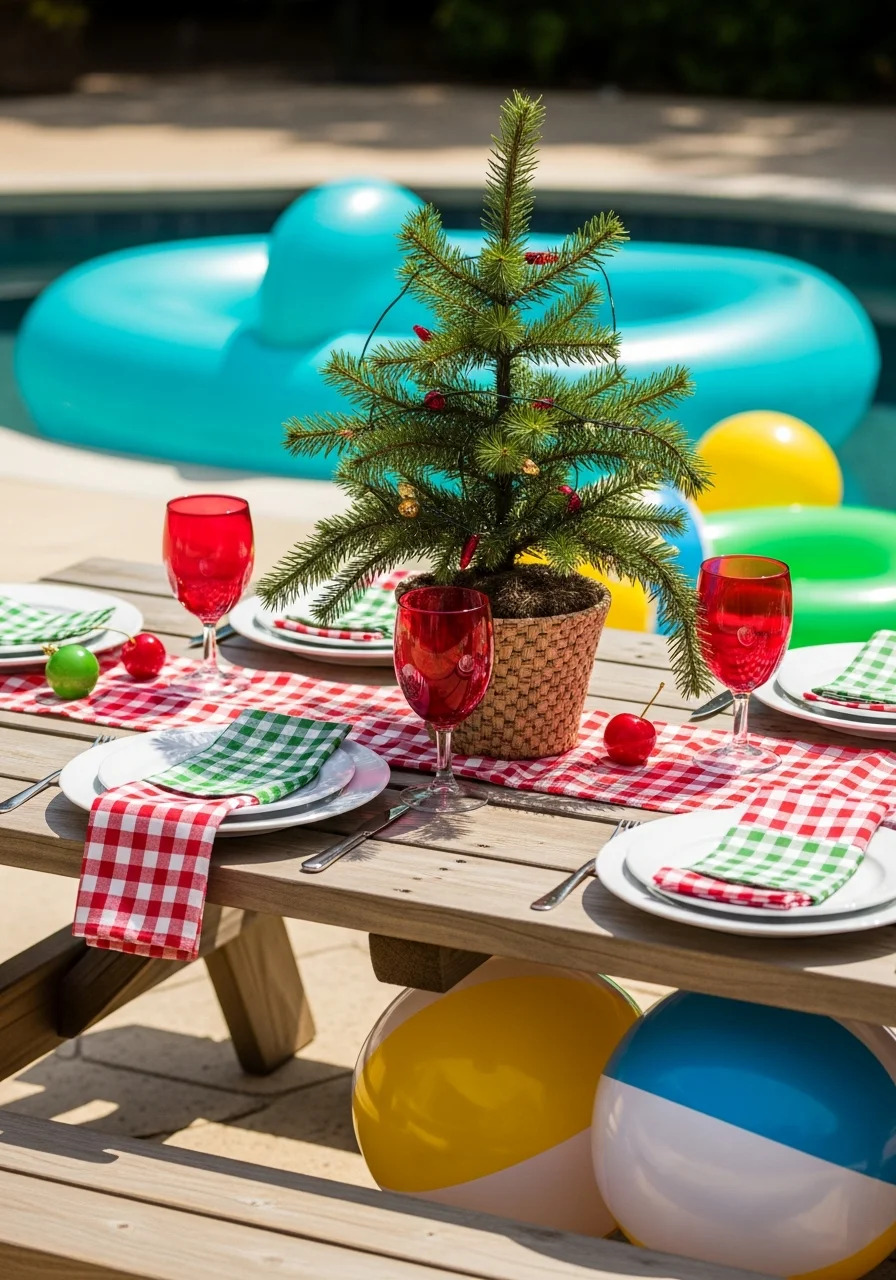 Picnic table with red and green napkins and a small tree.