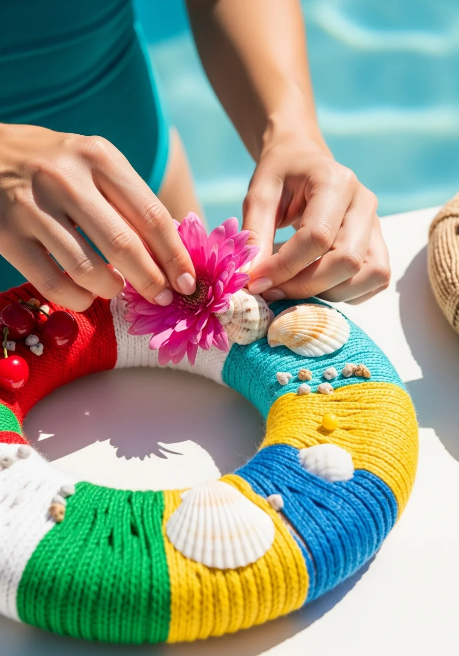 Hands crafting a tropical wreath with shells.