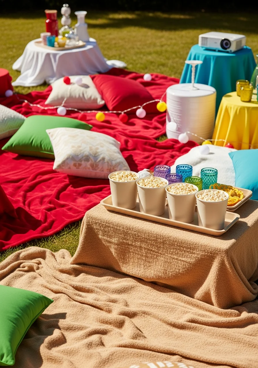Outdoor picnic movie setup at night.