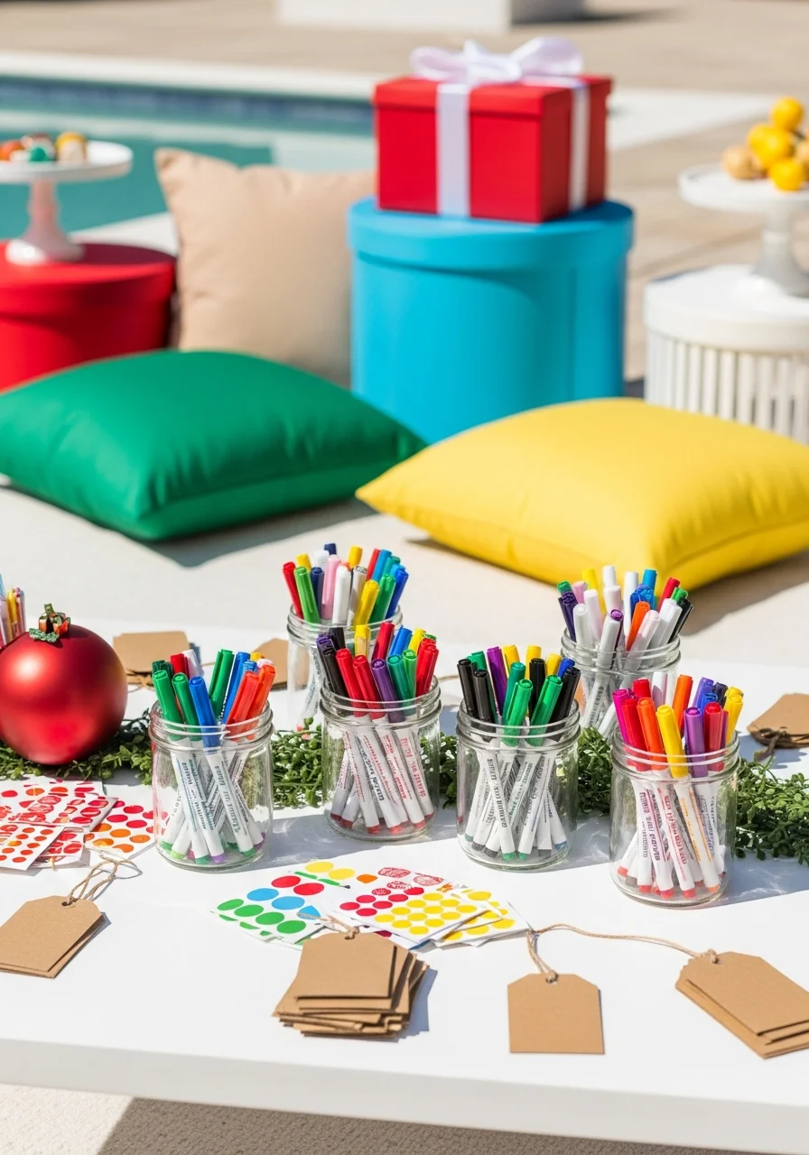 Kids' craft table with markers and stickers.
