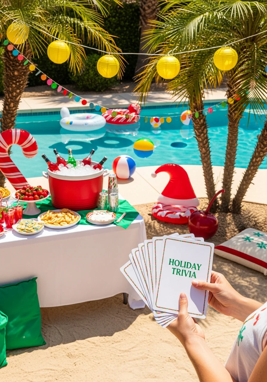 A hand holding holiday trivia cards.