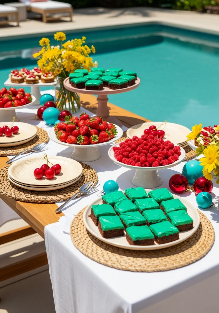 Dessert table with festive brownies and fruit.