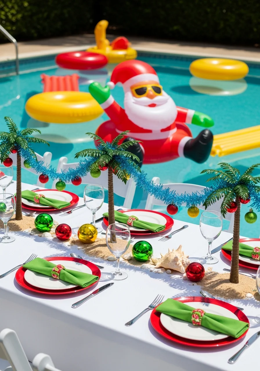 Table setting with red, white, and green colors.