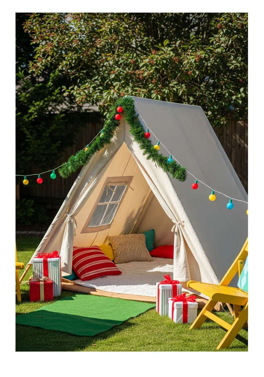 Decorated camping tent with holiday lights.