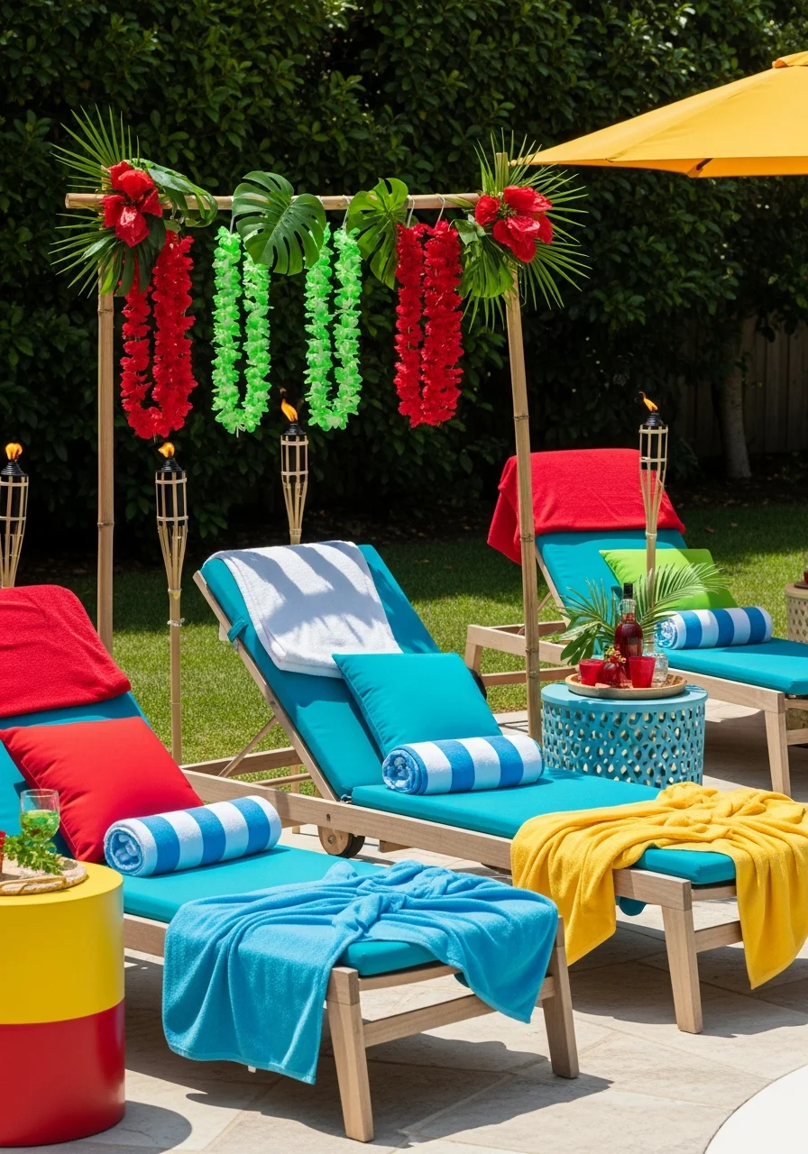 Tiki torches and red and green leis in a backyard.