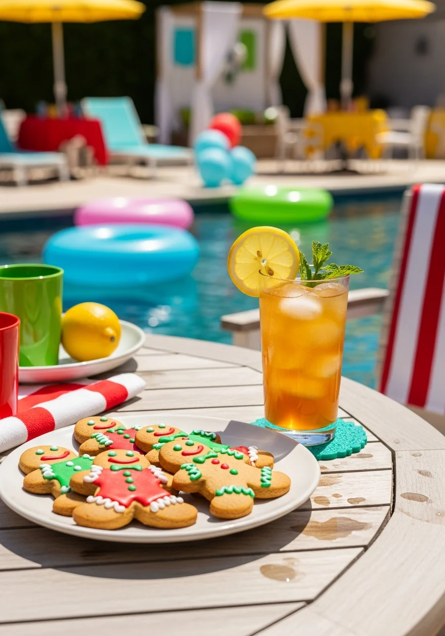 Gingerbread cookies and iced tea on a patio.