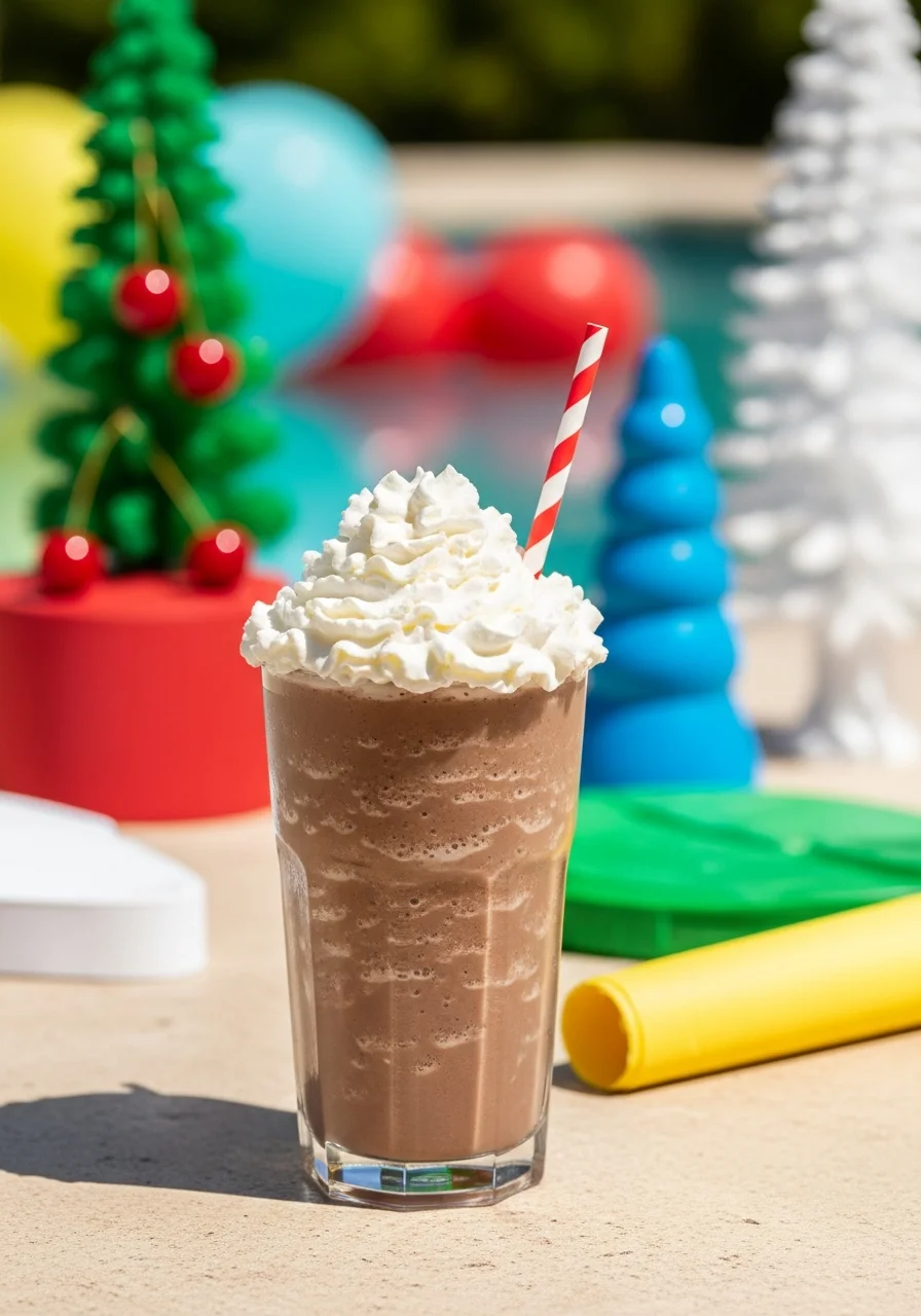 Frozen hot chocolate with whipped cream and a striped straw.