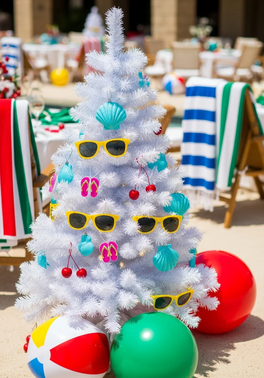 White Christmas tree with beach-themed ornaments.