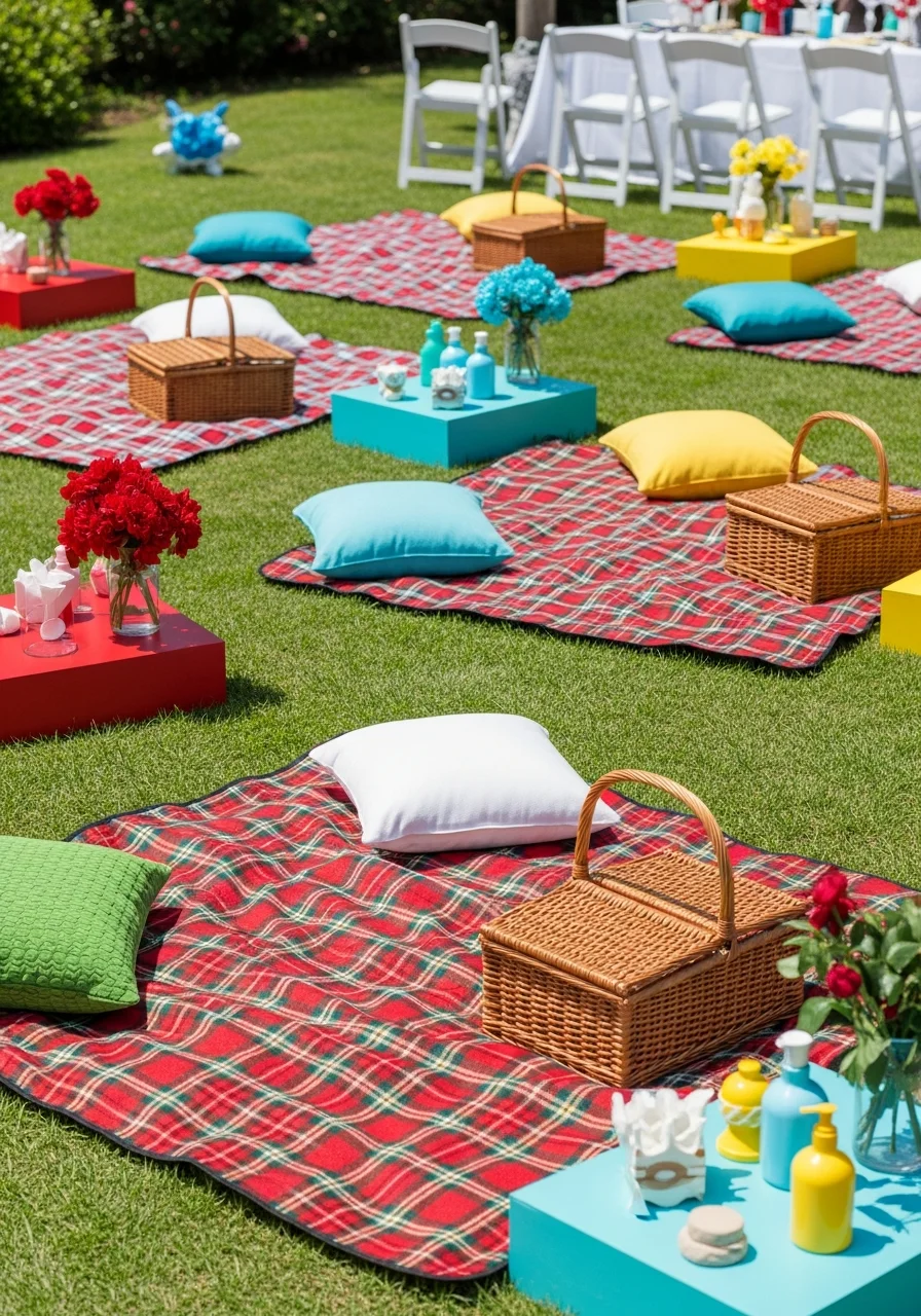 Red and green plaid picnic blankets on a sunny lawn.
