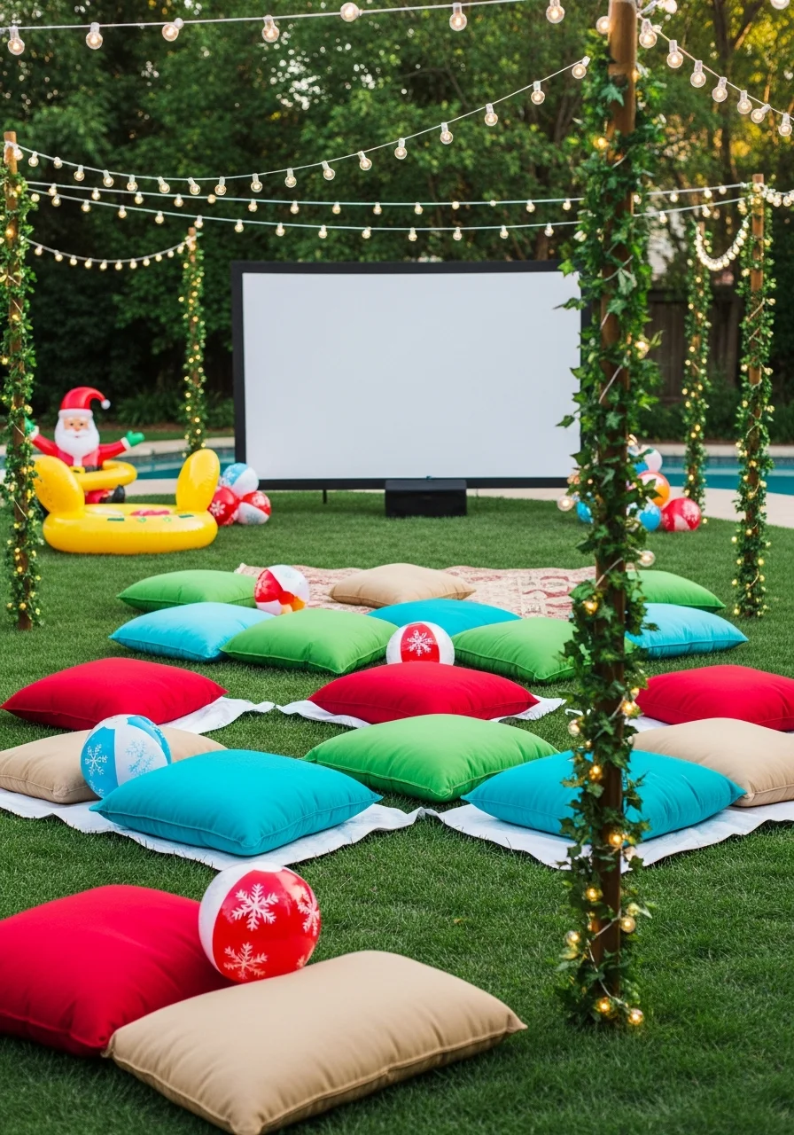 Outdoor movie screen with cushions and string lights.