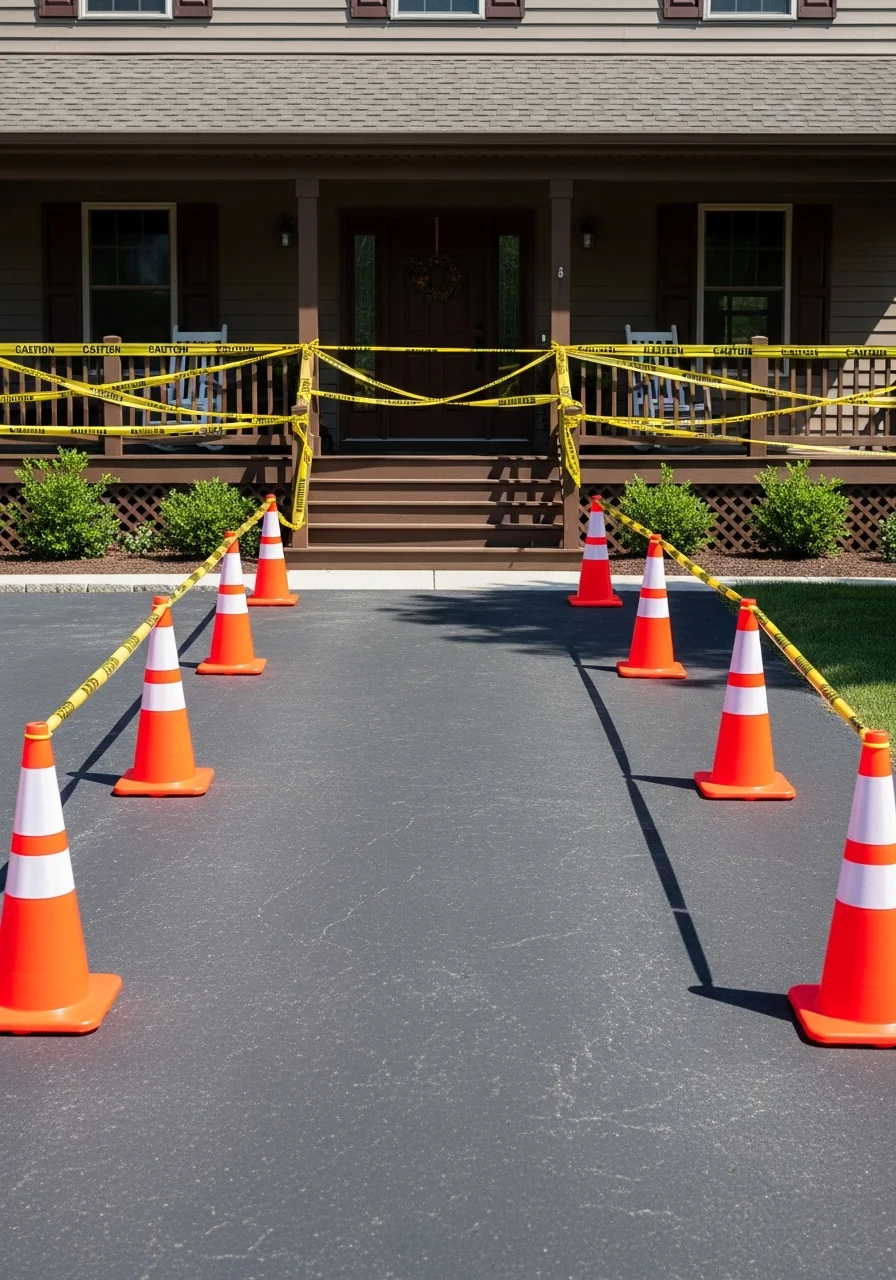 Orange traffic cones lining a driveway leading to a house decorated for a party.