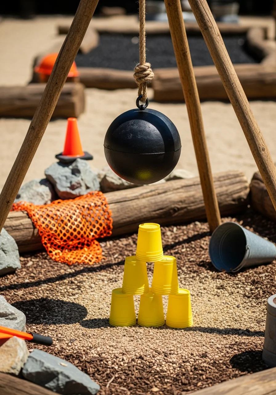 A homemade wrecking ball game with a suspended ball and stacked cups.