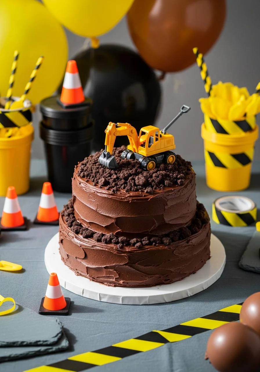 A chocolate birthday cake decorated with cookie crumbs and a toy excavator.