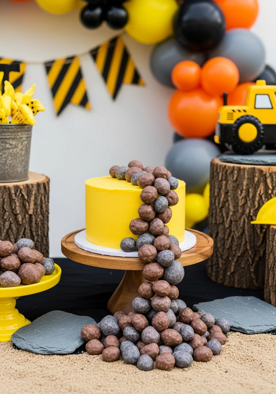 A yellow cake with chocolate candy rocks spilling down the side.