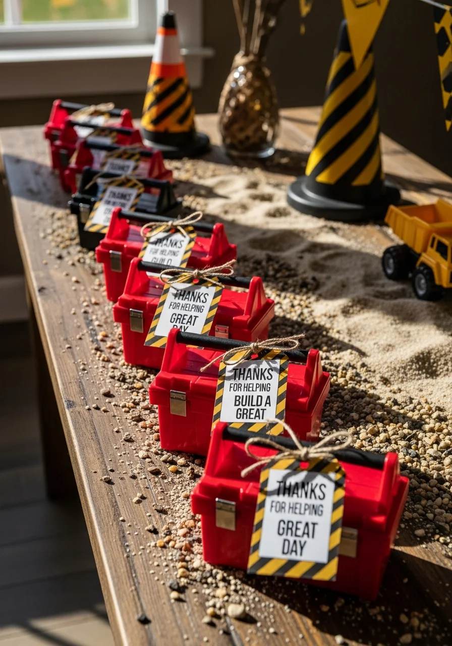 Small red plastic toolboxes used as party favor containers.