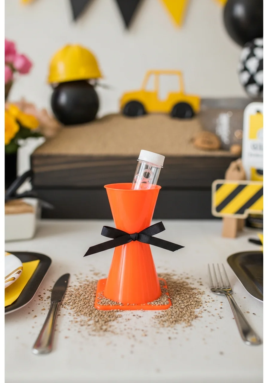 A small orange traffic cone holding a bottle of bubbles as a party favor.