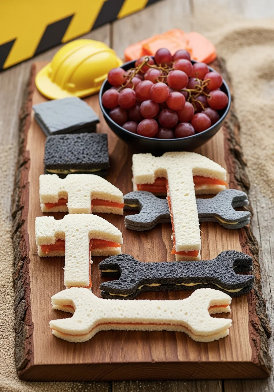 Sandwiches cut into the shapes of tools on a wooden platter.